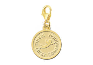 Gouden ronde communiebedel met engel en tekst GBC006 – foto 1