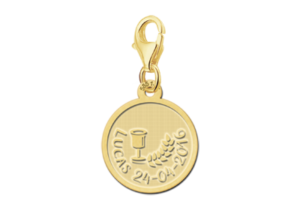 Gouden ronde communiebedel met persoonlijke tekst GBC007 – foto 1
