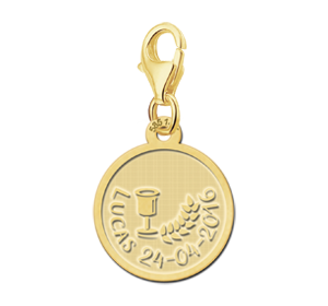 Gouden ronde communiebedel met persoonlijke tekst GBC007 – foto 1