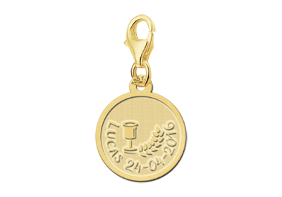 Gouden ronde communiebedel met persoonlijke tekst GBC007 – foto 1
