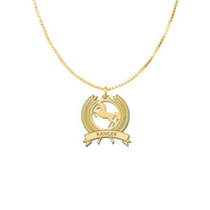 Gouden paardenhanger in krans met naam GNDH004 detail