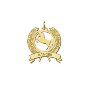 Gouden paardenhanger in krans met naam GNDH004