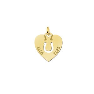 Gouden hart hanger met hoefijzer en twee namen – GNDH016