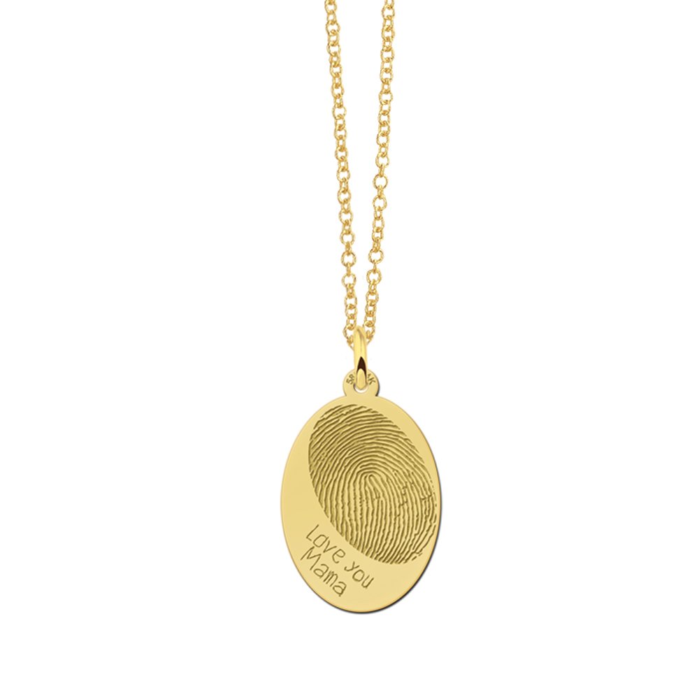 Gouden ovalen hanger met vingerafdruk en eigen tekst GHEV034