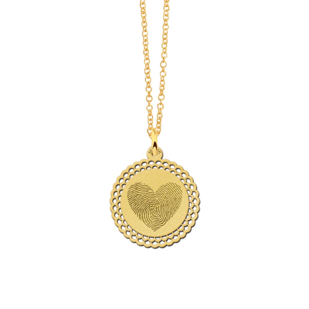 Gouden ronde hanger met vingerafdruk hart en sierlijke rand GHEV047 — foto 2