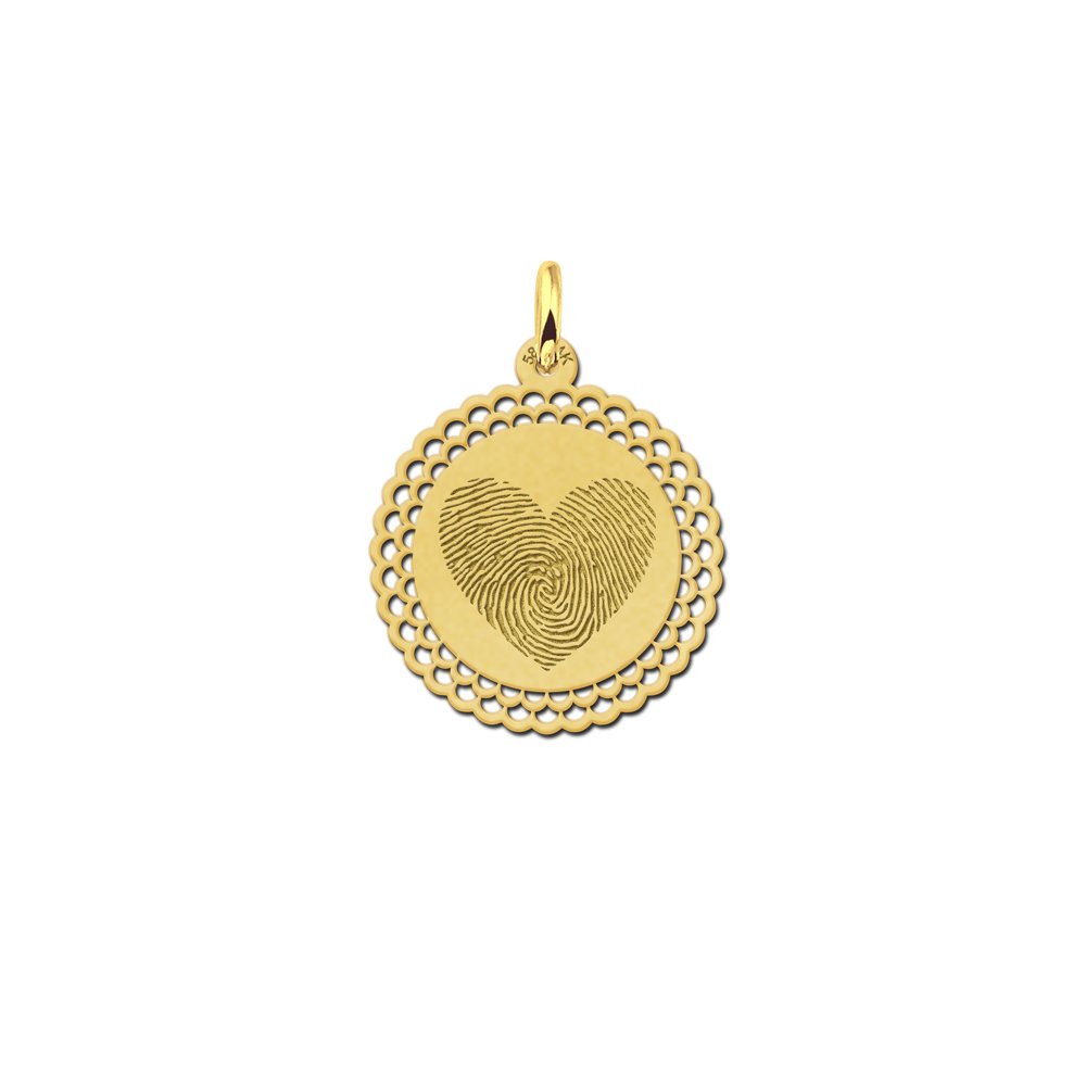 Gouden ronde hanger met vingerafdruk hart en sierlijke rand GHEV047 — foto 1