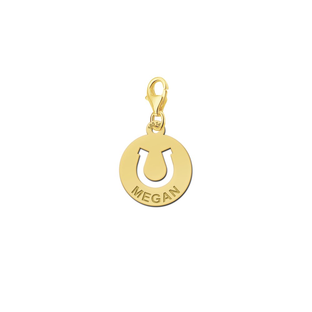 Gouden ronde paardenbedel met hoefijzer en naam – GNDB001