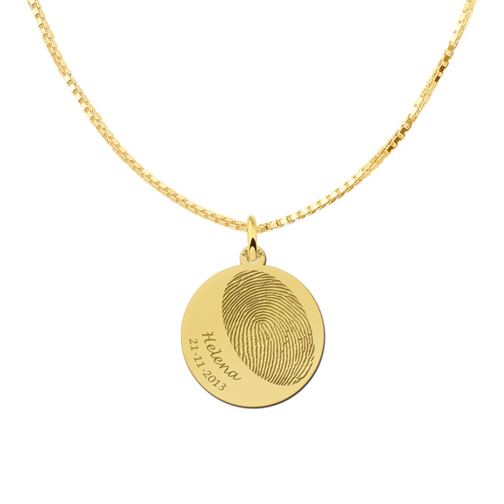 Gouden vingerafdruk hanger rond met naam en datum GHEV008