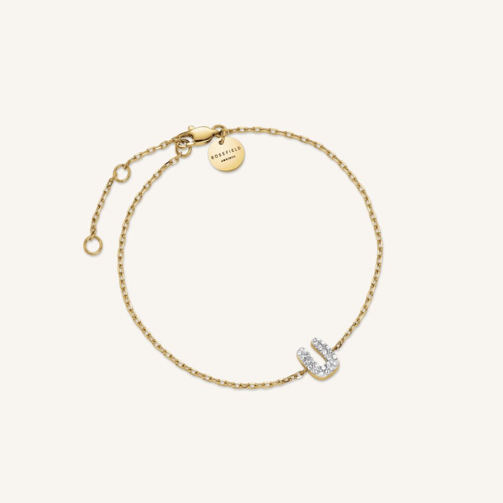 Rosefield Crystal Letter U armband – goudkleurig – productfoto 1