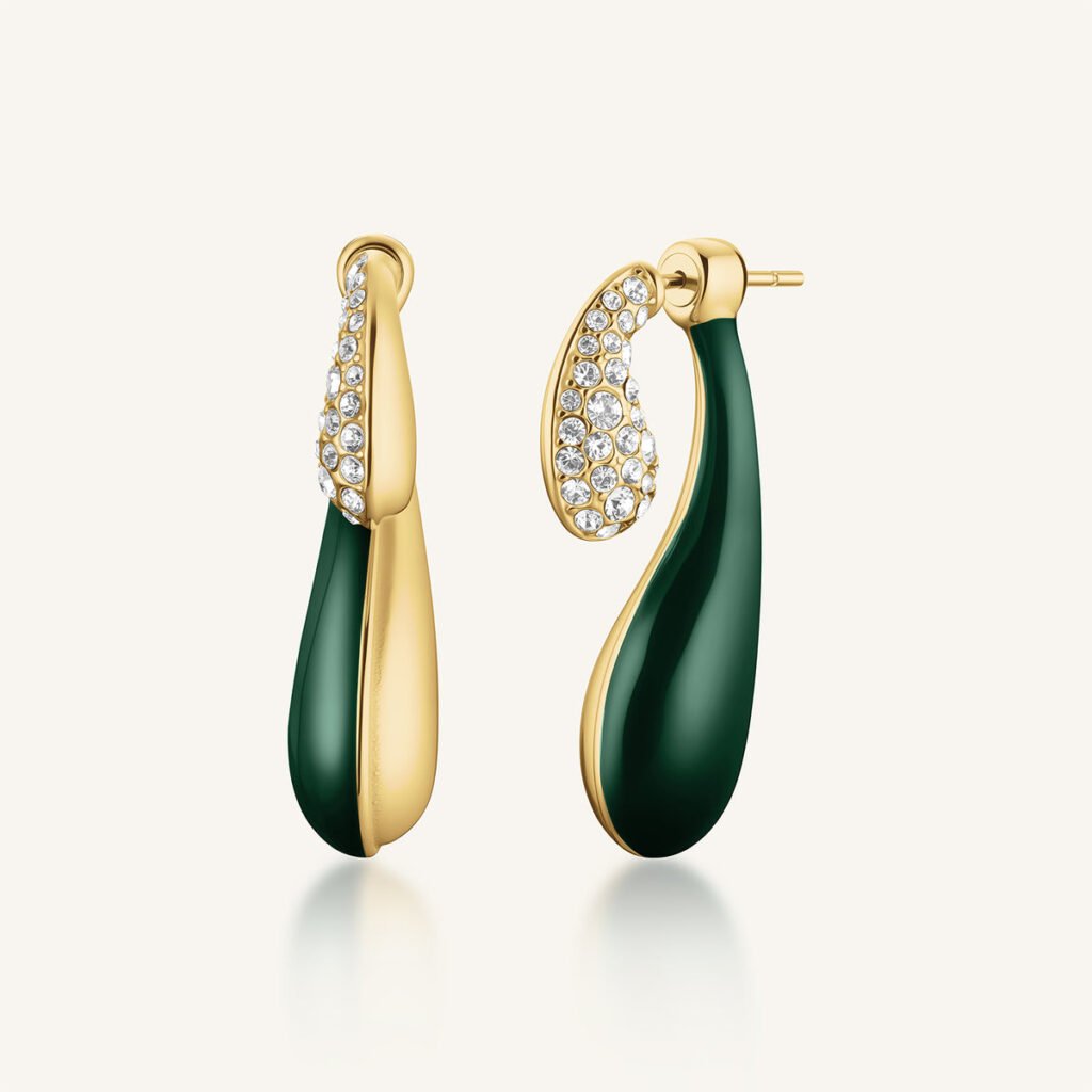 Rosefield Enamel Pave oorbellen – goudkleurig / groen – productfoto 1
