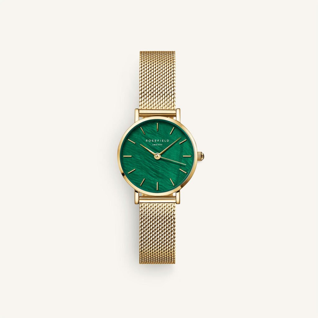 Rosefield Small Edit Emerald Mesh horloge – goudkleurig / groen – productfoto 1