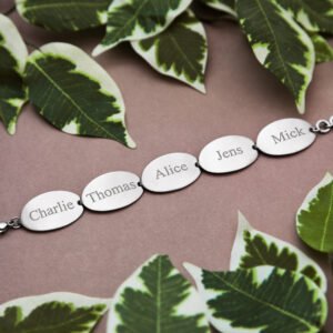 Stalen armband met 5 ovalen plaatjes met namen SNA011 – detail