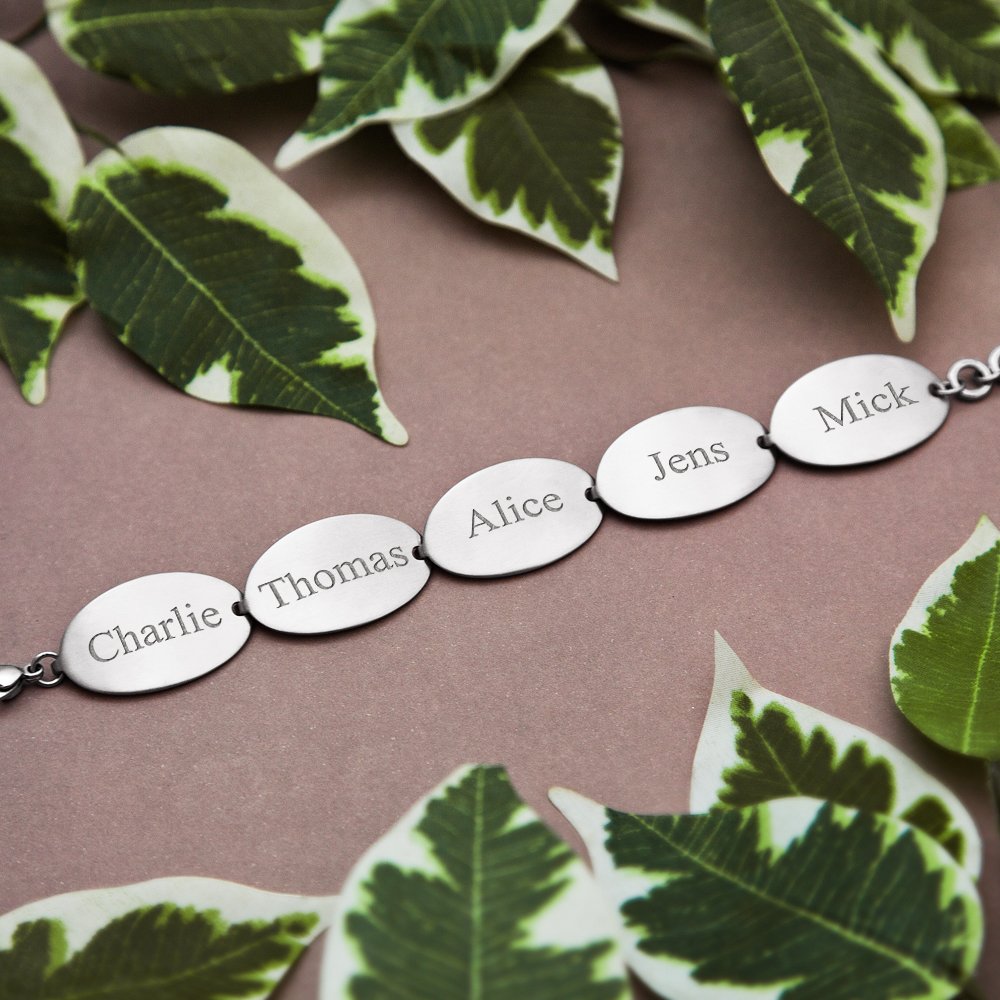 Stalen armband met 5 ovalen plaatjes met namen SNA011 – detail