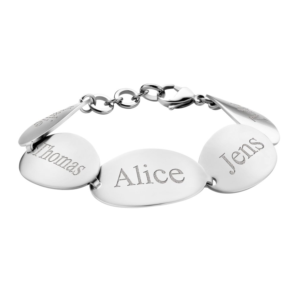 Stalen armband met 5 ovalen plaatjes met namen SNA011