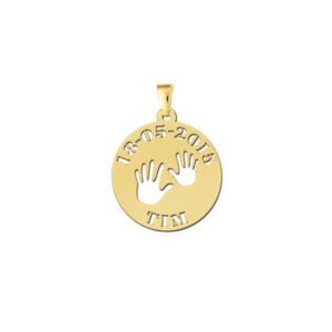 Vergulde babyhanger handjes met naam en datum – VBH04