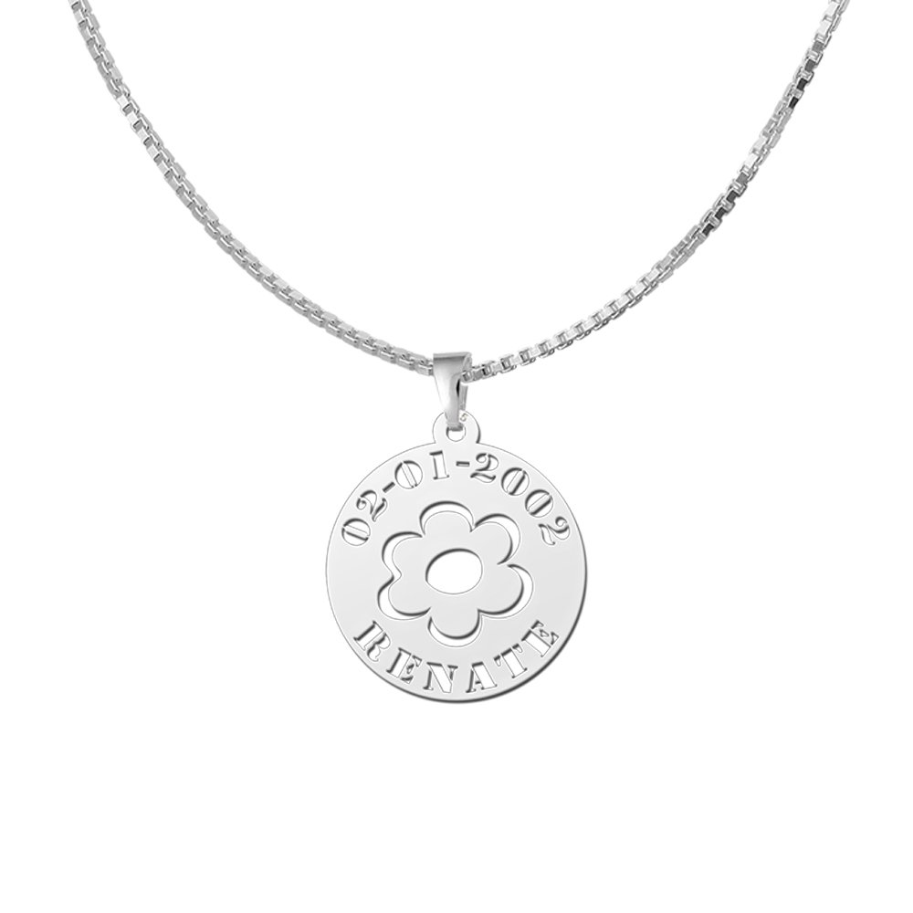 Zilveren Ronde Hanger Bloem met Naam en Datum | Names4ever - productvoorbeeld; afgebeelde ketting optioneel