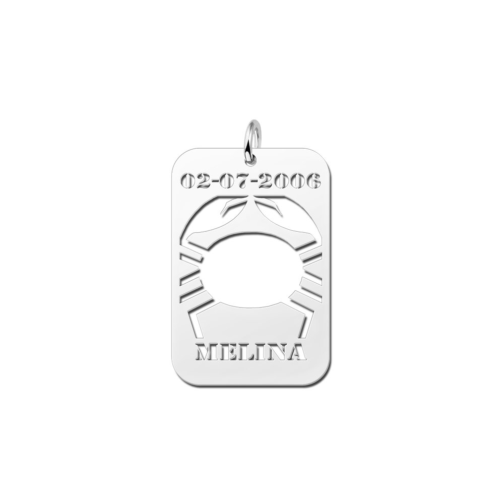 Zilveren Rechthoekige Sterrenbeeldhanger Kreeft met Naam en Datum | Names4ever - hanger zonder ketting