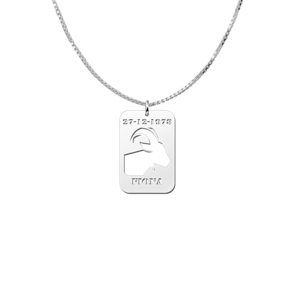 Zilveren Rechthoekige Sterrenbeeldhanger Steenbok met Naam en Datum | Names4ever - voorbeeld met optionele ketting