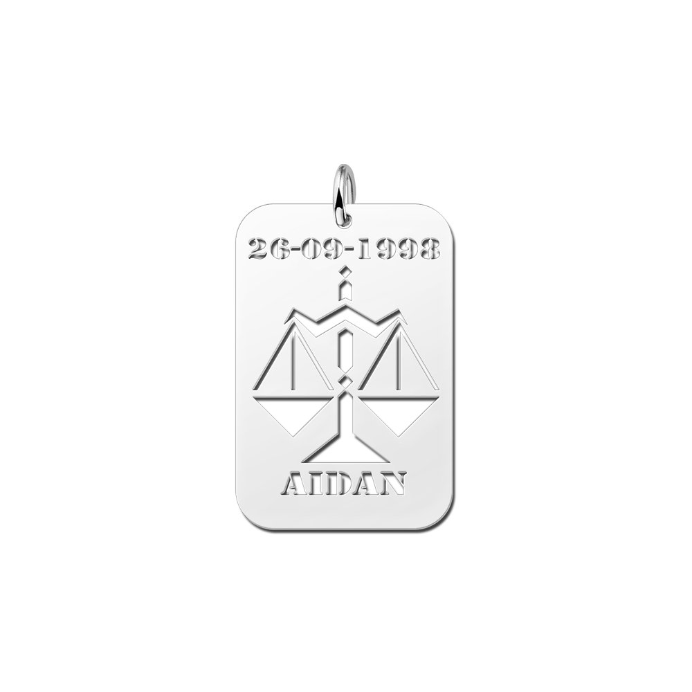 Zilveren Rechthoekige Sterrenbeeldhanger Weegschaal met Naam en Datum | Names4ever - hanger zonder ketting