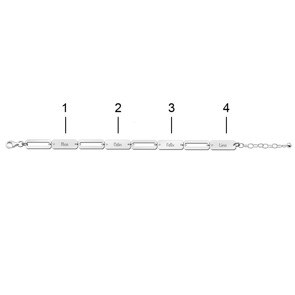 Zilveren Papercliparmband met 1 tot 4 Gravures | Names4ever - overzicht gravureposities