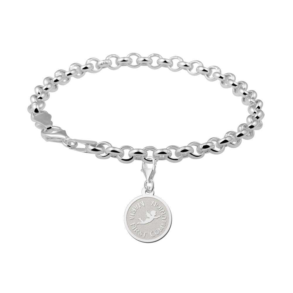 Zilveren Ronde Communiebedel met Engel | Names4ever - voorbeeld met armband, niet inbegrepen