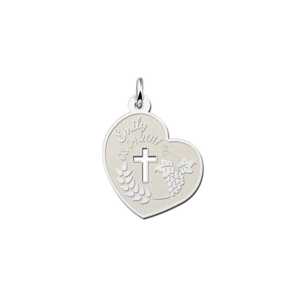 Zilveren Communie Harthanger met Kruis, Graan en Druiven | Names4ever - hanger zonder ketting