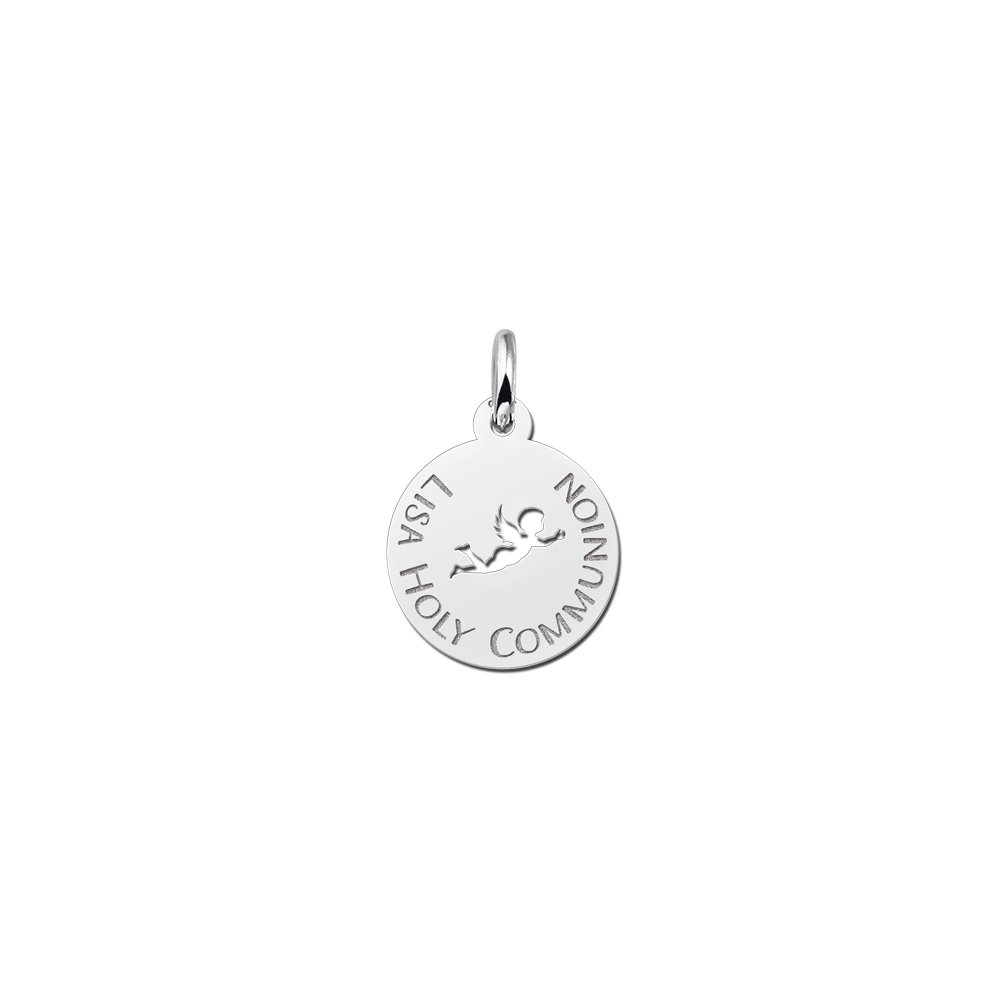 Zilveren Ronde Communiehanger met Opengewerkte Engel | Names4ever - hanger zonder ketting