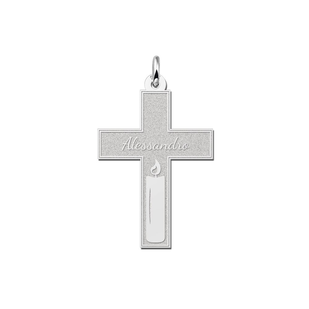 Zilveren Communie Kruishanger met Kaars en Naam | Names4ever - hanger zonder ketting
