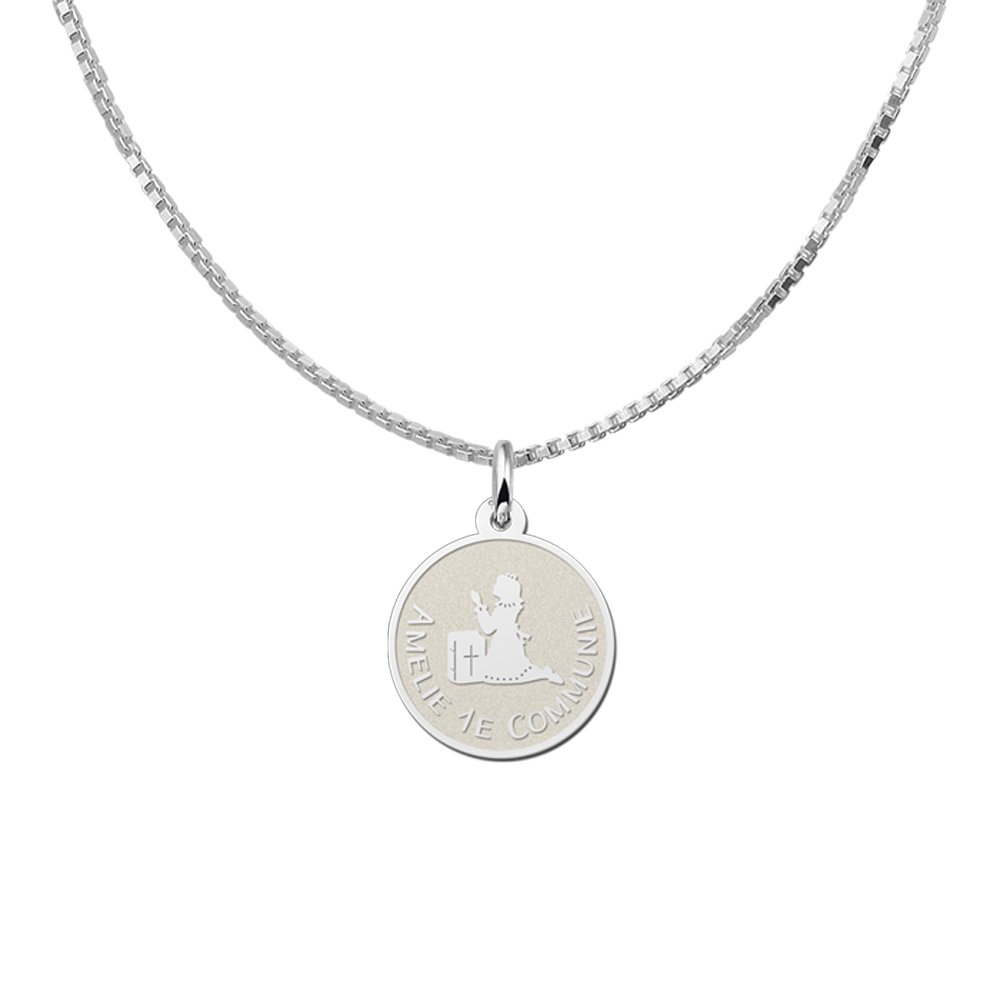 Zilveren Ronde Communiehanger met Biddend Meisje | Names4ever - voorbeeld met optionele ketting
