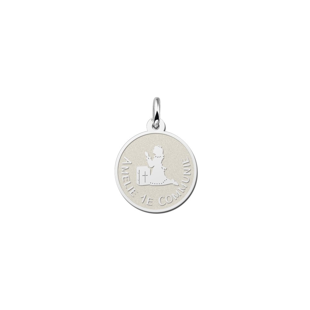 Zilveren Ronde Communiehanger met Biddend Meisje | Names4ever - hanger zonder ketting