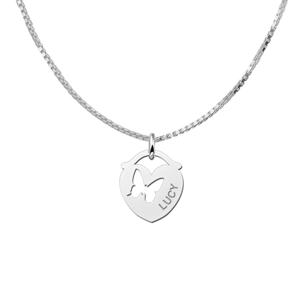 Zilveren Hart Naamhanger met Vlinder | Names4ever - draagvoorbeeld met optionele ketting