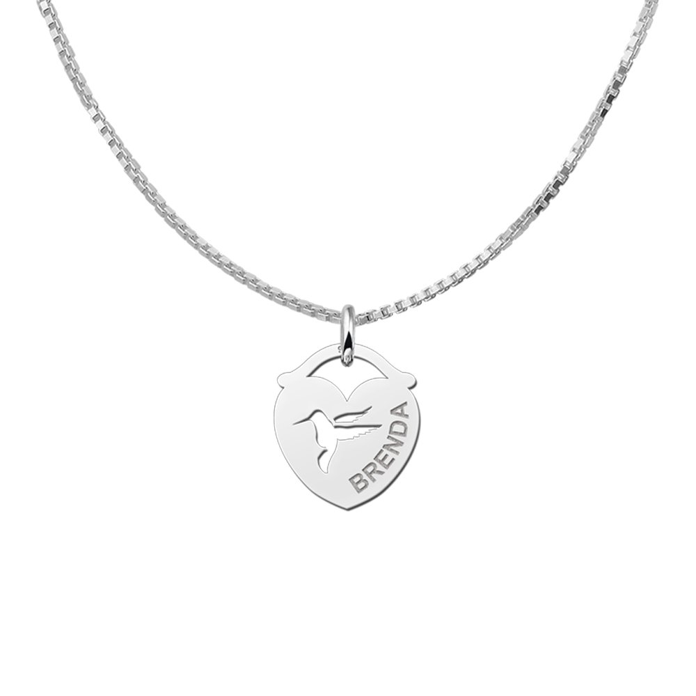 Zilveren Hart Naamhanger met Vogel | Names4ever - draagvoorbeeld met optionele ketting