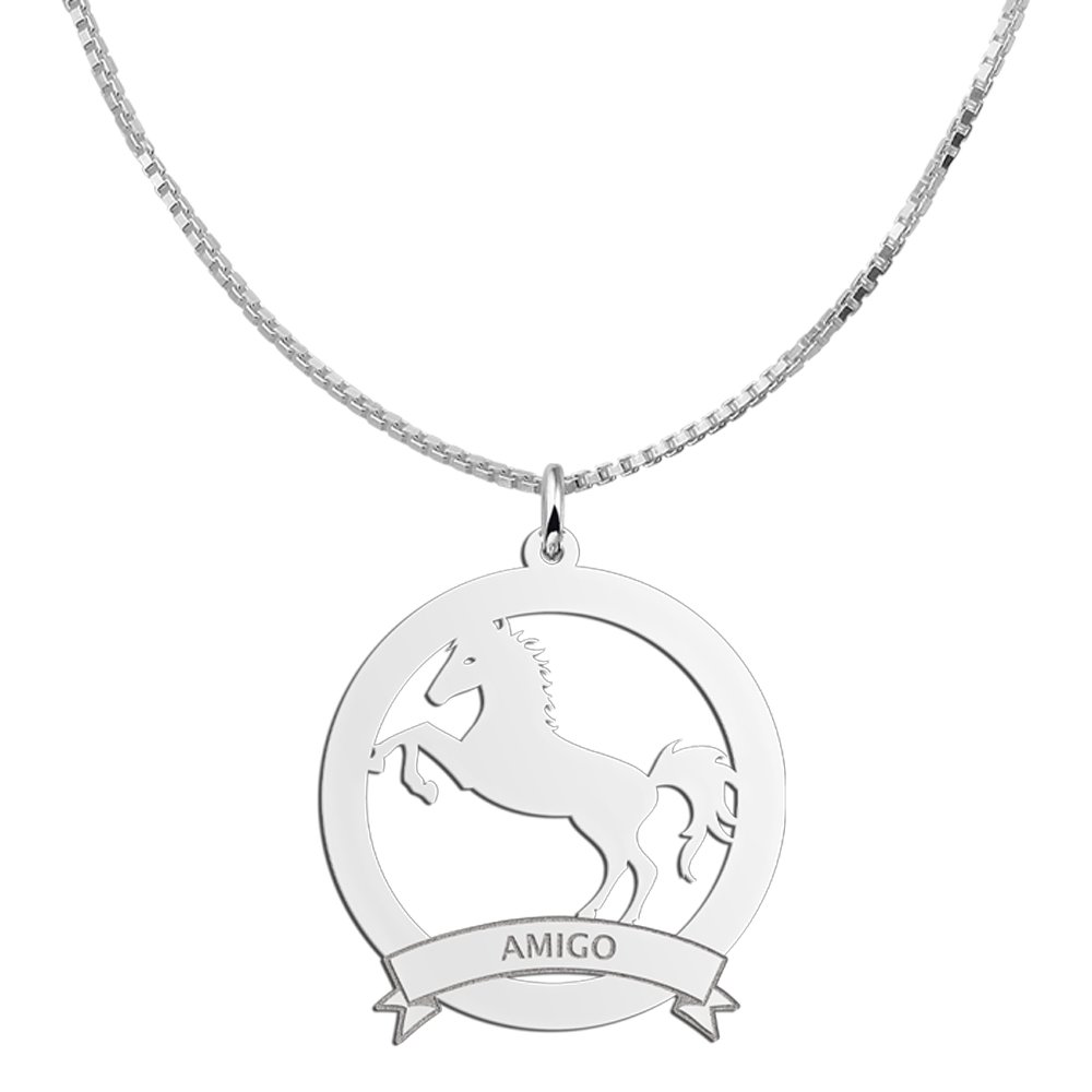 Zilveren Ronde Paard Hanger met Naam 30 mm | Names4ever - draagvoorbeeld met optionele ketting