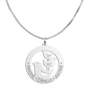 Zilveren Ronde Hanger met Drie Vogels en Namen | Names4ever - draagvoorbeeld met optionele ketting