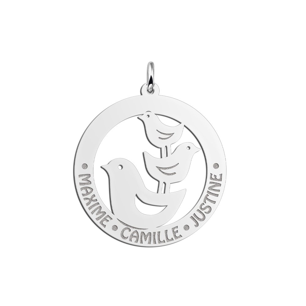 Zilveren Ronde Hanger met Drie Vogels en Namen | Names4ever - hanger zonder ketting