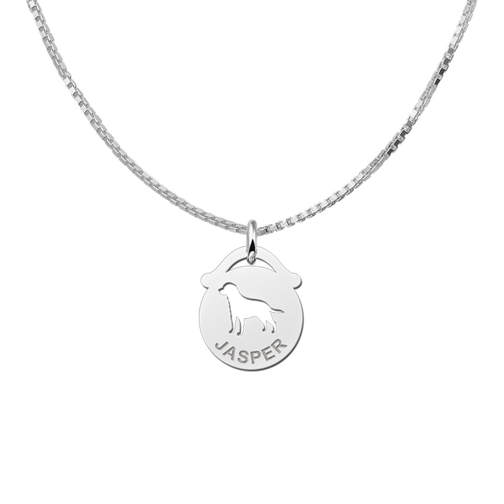 Zilveren Ronde Naamhanger met Hond | Names4ever - draagvoorbeeld met optionele ketting