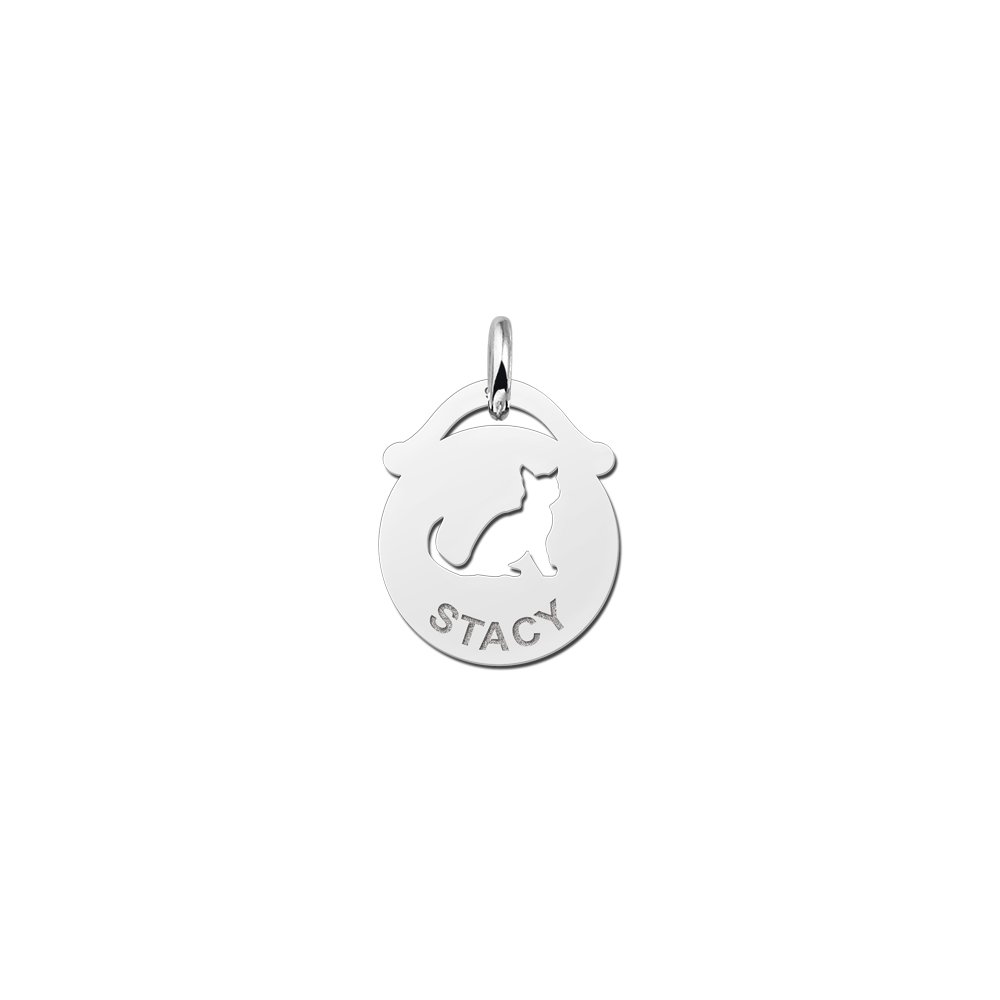 Zilveren Ronde Naamhanger met Poes | Names4ever - hanger zonder ketting