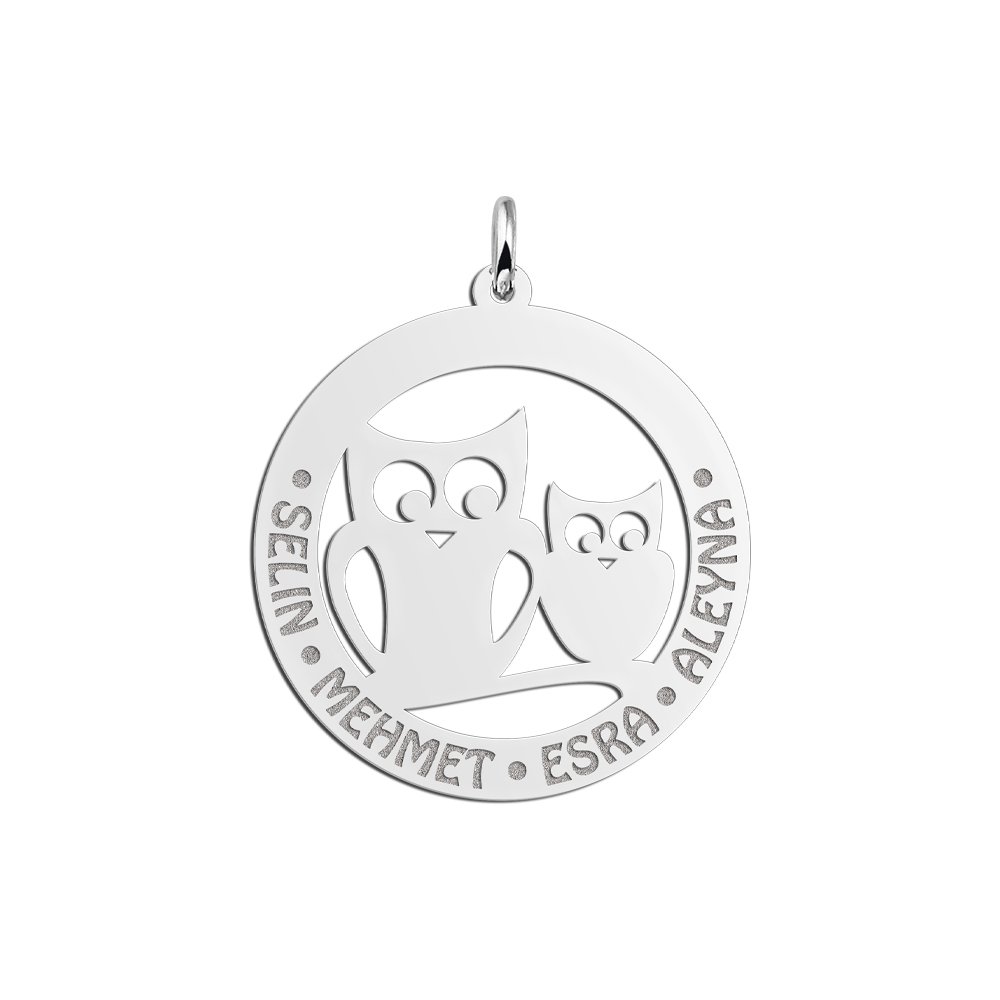 Zilveren Ronde Hanger met Uilen en Namen | Names4ever - hanger zonder ketting
