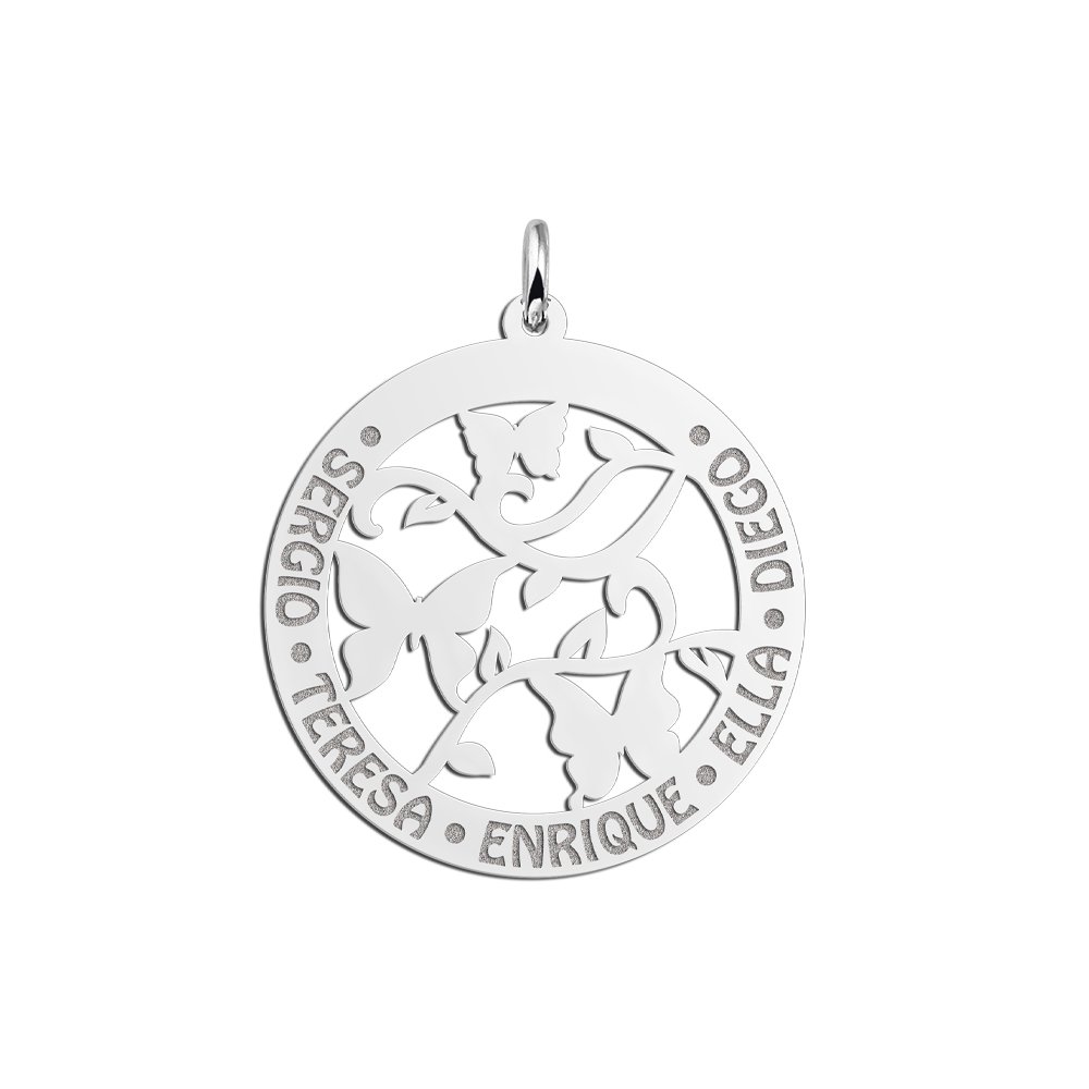Zilveren Ronde Hanger met Vlinders en Namen | Names4ever - hanger zonder ketting