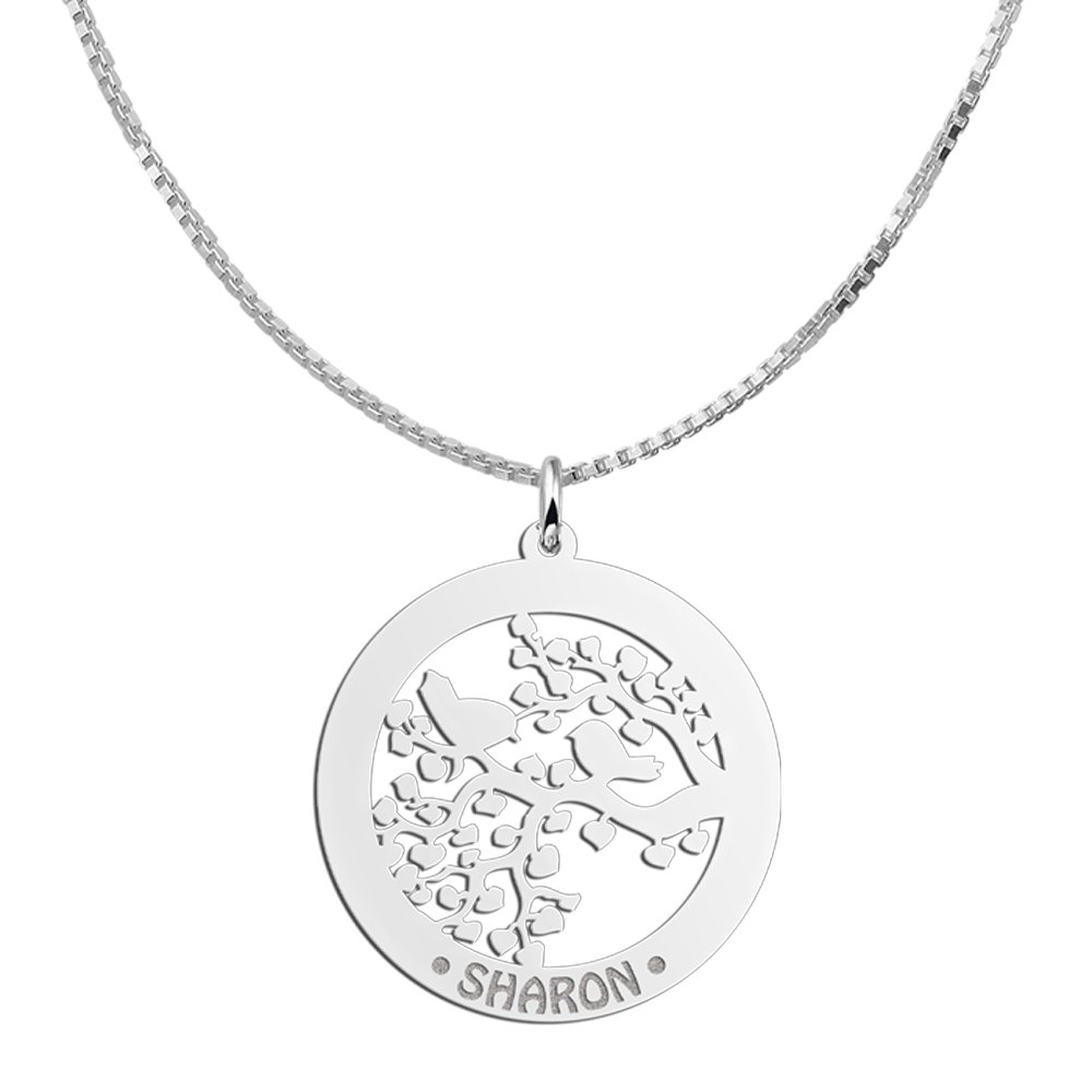 Zilveren Ronde Hanger met Vogeltjes en Namen | Names4ever - draagvoorbeeld met optionele ketting