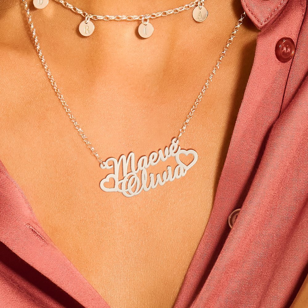 Zilveren Dubbele Naamketting Maeve en Olivia met Harten | Names4ever - afbeelding 3