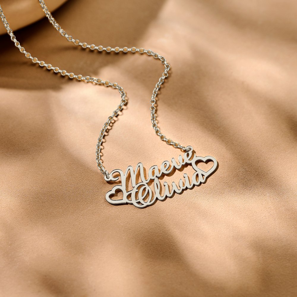 Zilveren Dubbele Naamketting Maeve en Olivia met Harten | Names4ever - afbeelding 4