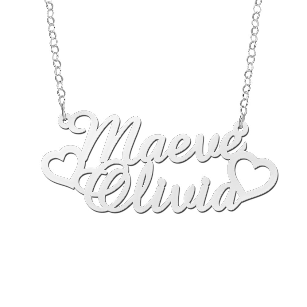Zilveren Dubbele Naamketting Maeve en Olivia met Harten | Names4ever - voorbeeldfoto