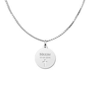 Zilveren Ronde Communiehanger met Naam, Datum en Kruis | Names4ever - voorbeeld met optionele ketting