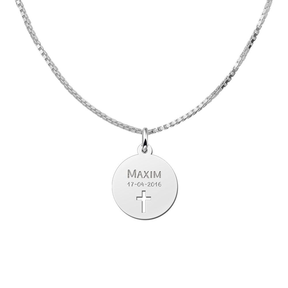 Zilveren Ronde Communiehanger met Naam, Datum en Kruis | Names4ever - voorbeeld met optionele ketting