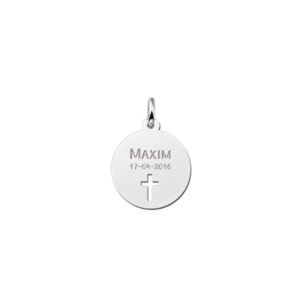 Zilveren Ronde Communiehanger met Naam, Datum en Kruis | Names4ever - hanger zonder ketting