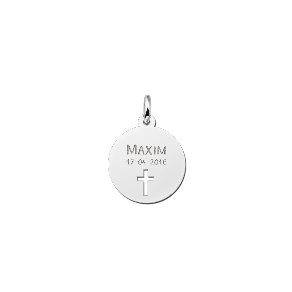 Zilveren Ronde Communiehanger met Naam, Datum en Kruis | Names4ever - hanger zonder ketting