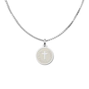 Zilveren Ronde Communiehanger met Kruis en Tekst | Names4ever - voorbeeld met optionele ketting