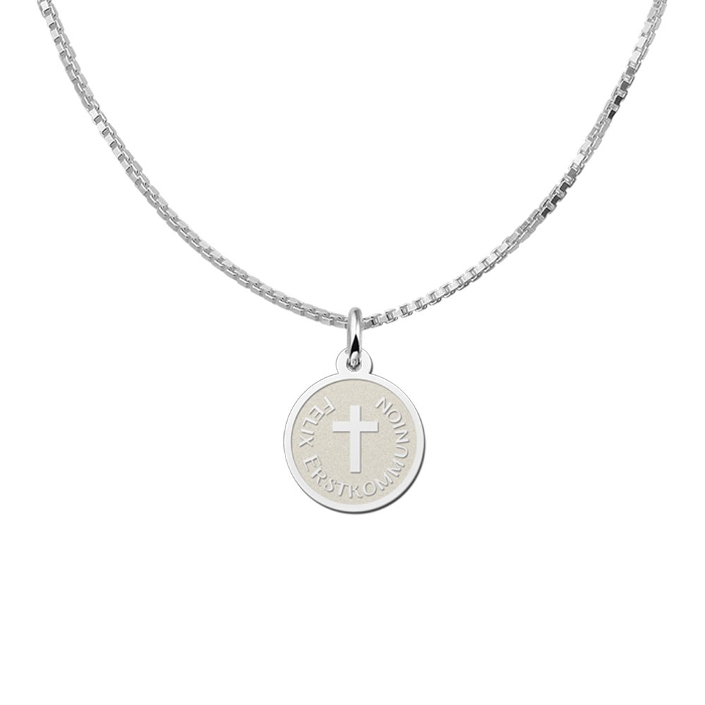 Zilveren Ronde Communiehanger met Kruis en Tekst | Names4ever - voorbeeld met optionele ketting