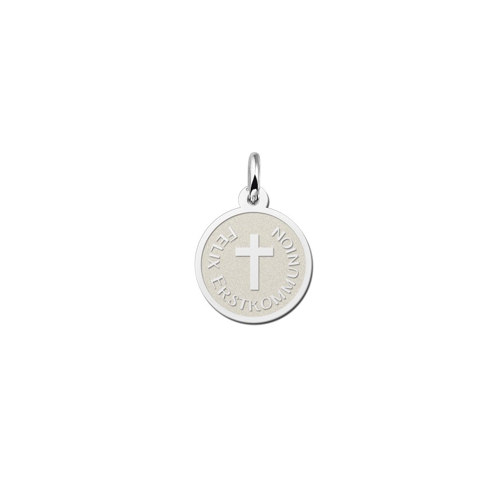 Zilveren Ronde Communiehanger met Kruis en Tekst | Names4ever - hanger zonder ketting
